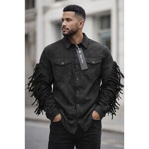 Vicious Demin Black Suede  Fringed Boho Western Style Jacket Size M